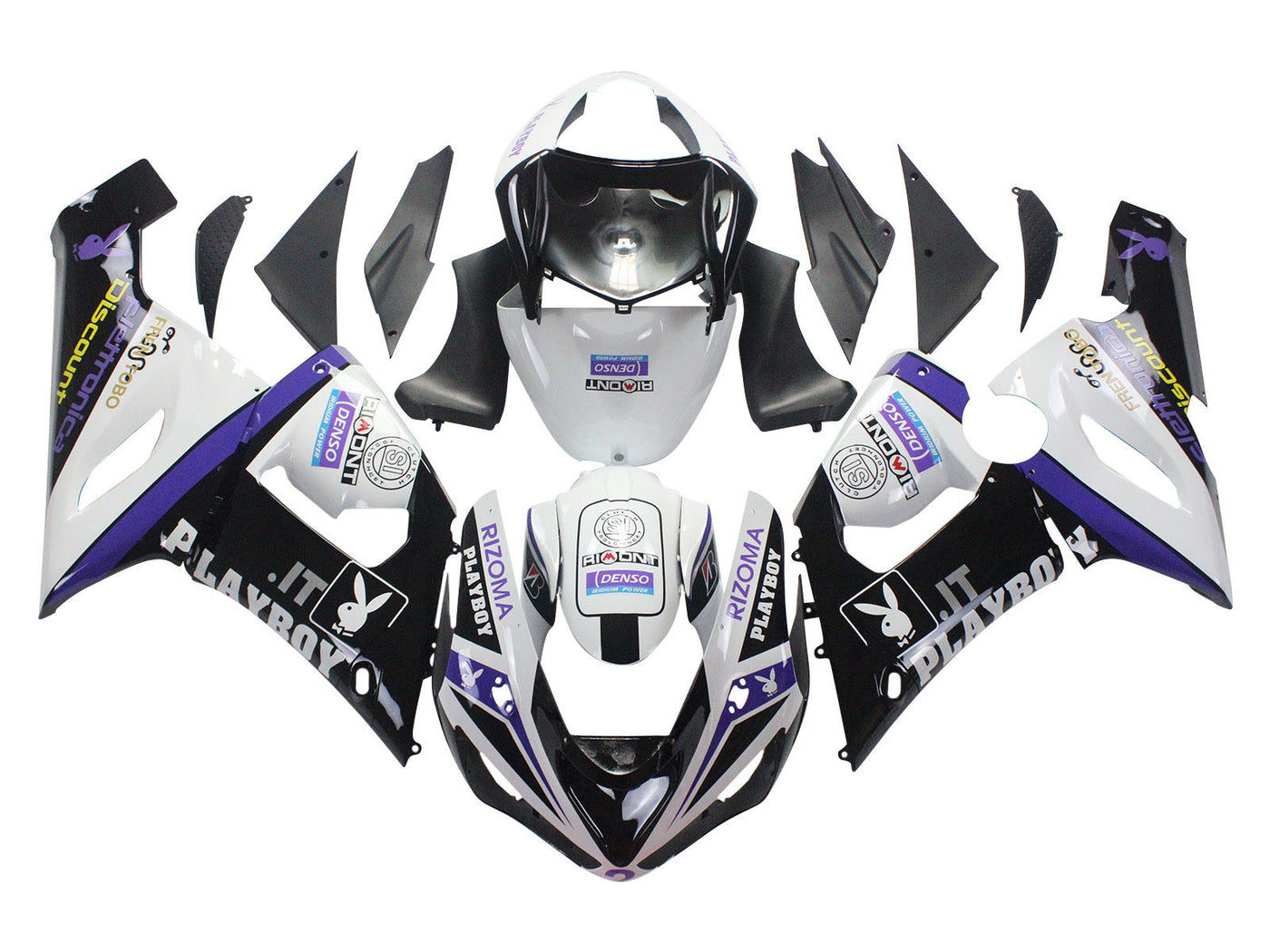 2005-2006 Black White Purple Rizoma Playboy Denso Kawasaki ZX6R 636 Fairing Kit