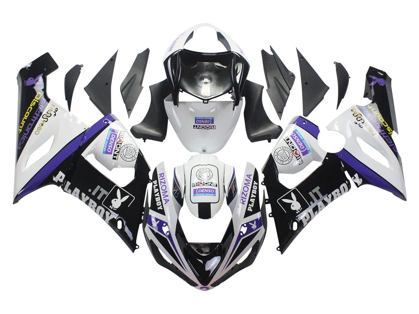 2005-2006 Black White Purple Rizoma Playboy Denso Kawasaki ZX6R 636 Fairing Kit