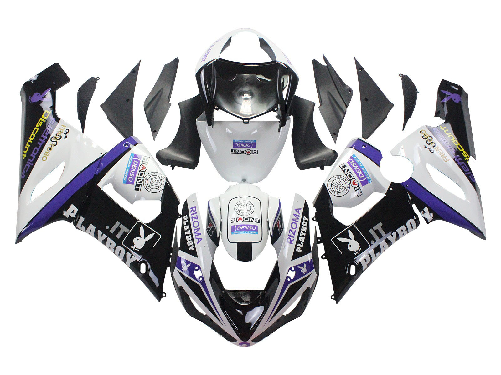 2005-2006 Black White Purple Rizoma Playboy Denso Kawasaki ZX6R 636 Fairing Kit