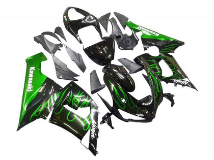 2005-2006 Kawasaki ZX-6R Black with Green Flame Fairing Kit