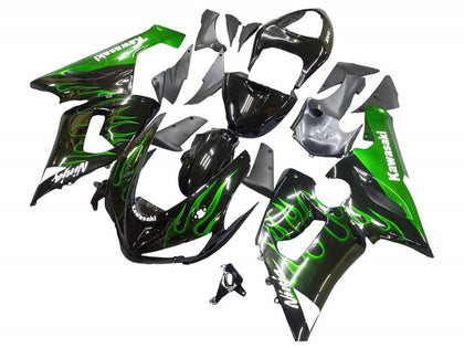 2005-2006 Kawasaki ZX-6R Black with Green Flame Fairing Kit