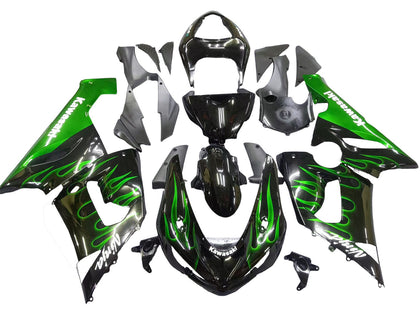 2005-2006 Kawasaki ZX-6R Black with Green Flame Fairing Kit