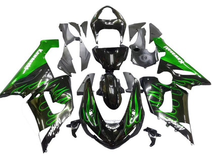 2005-2006 Kawasaki ZX-6R Black with Green Flame Fairing Kit