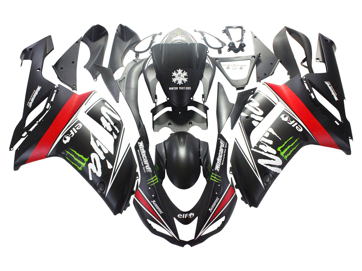 2007-2008 Black White Red With White Snow Decal Ninja Elf Kawasaki ZX6R 636 Fairing Kit