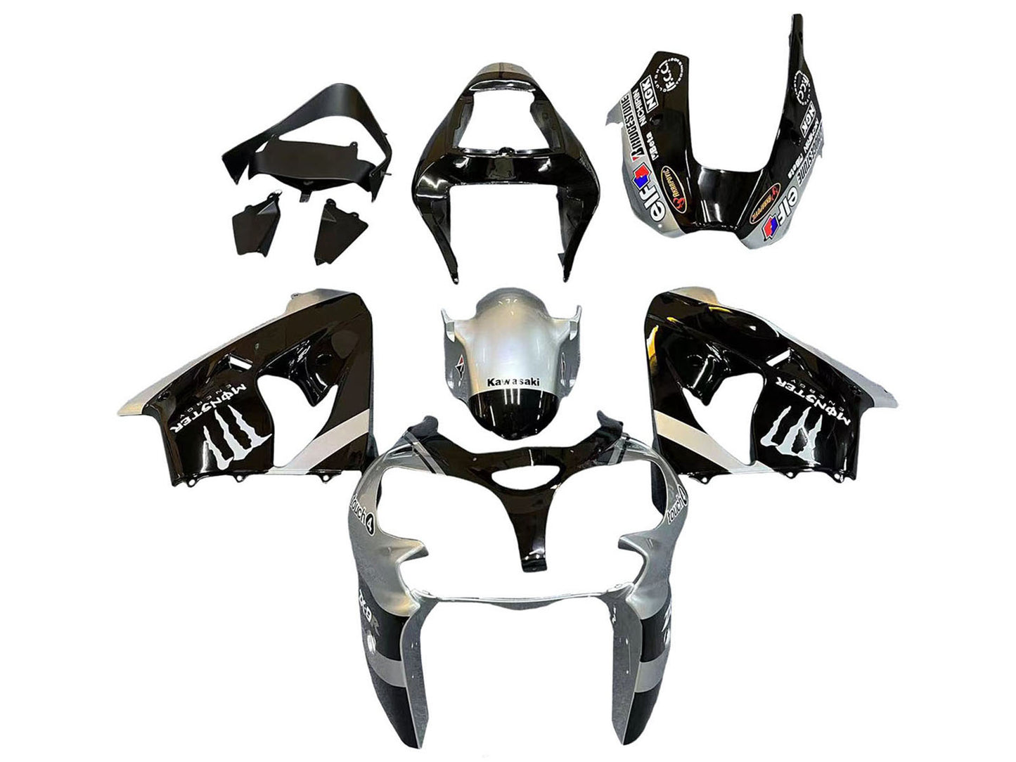 2002-2003 Black Silver Monster Elf Kawasaki ZX9R Fairing Kit