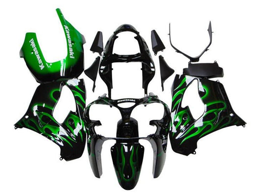 2000-2001 Black White With Green Flame Kawasaki ZX9R Fairing Kit