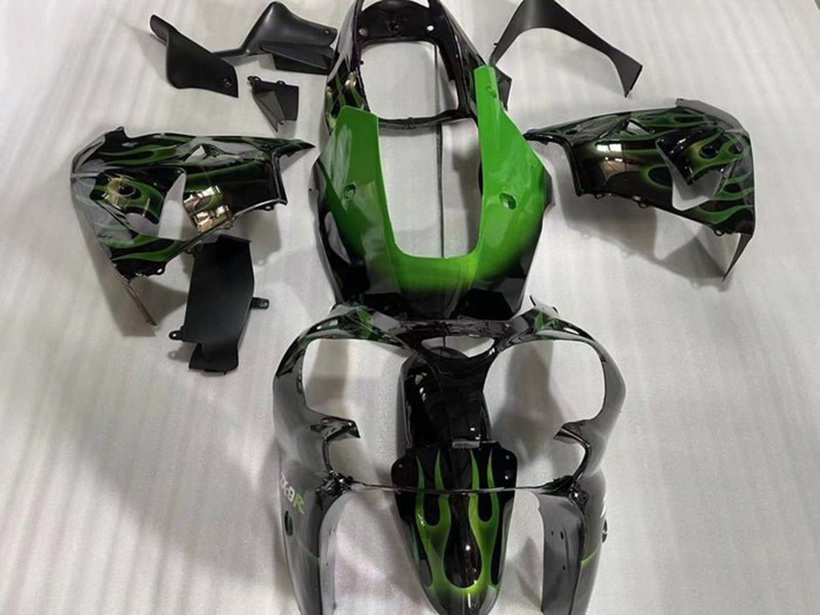 2002-2003 Black Green Flame Kawasaki ZX9R Fairing Kit