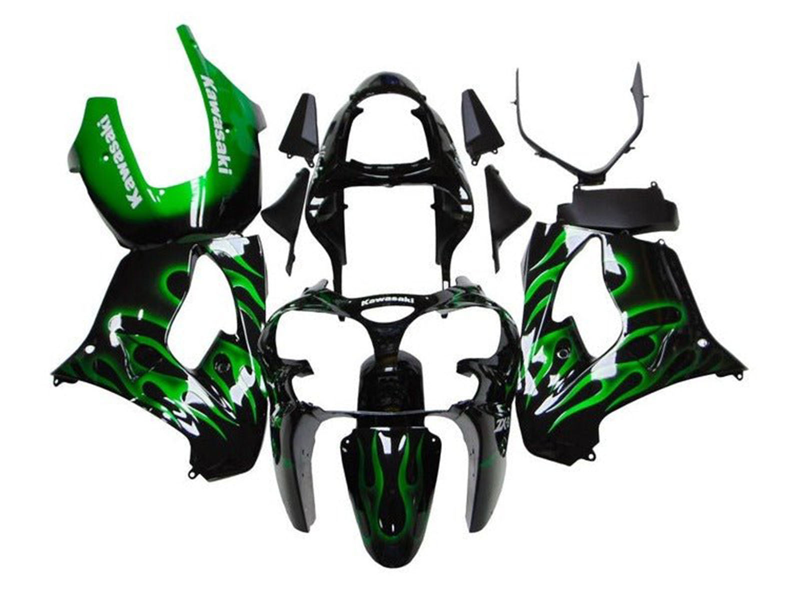 2002-2003 Black White With Green Flame Kawasaki ZX9R Fairing Kit