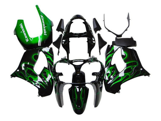 2002-2003 Black White With Green Flame Kawasaki ZX9R Fairing Kit
