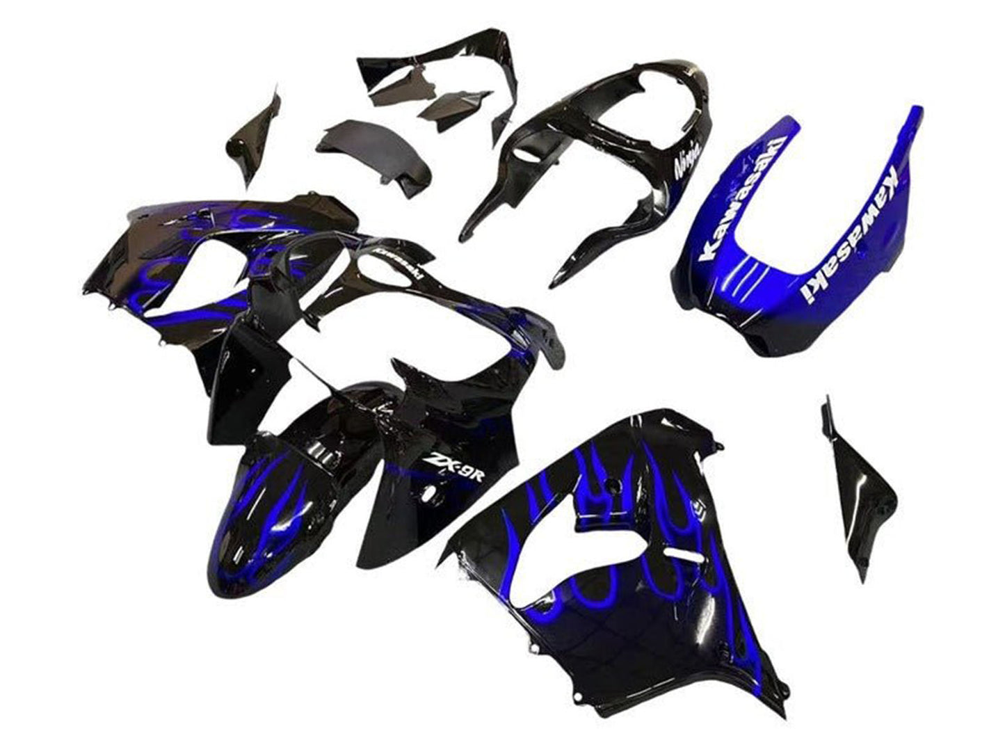 2002-2003 Black White With Blue Flame Kawasaki ZX9R Fairing Kit