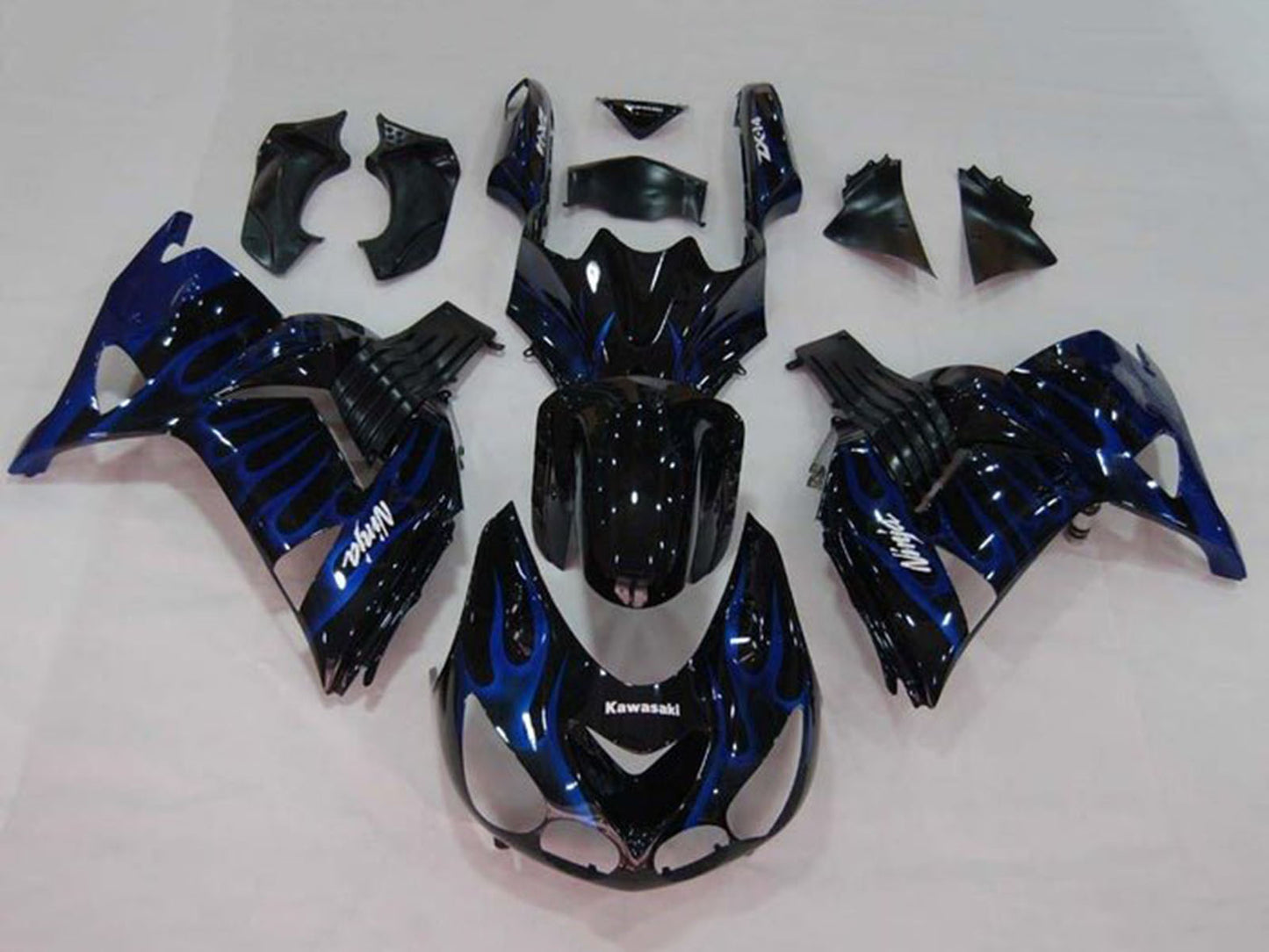 2006-2011 Glossy Black Blue Flame Kawasaki Ninja ZX14R ZZR1400 Fairing Kit