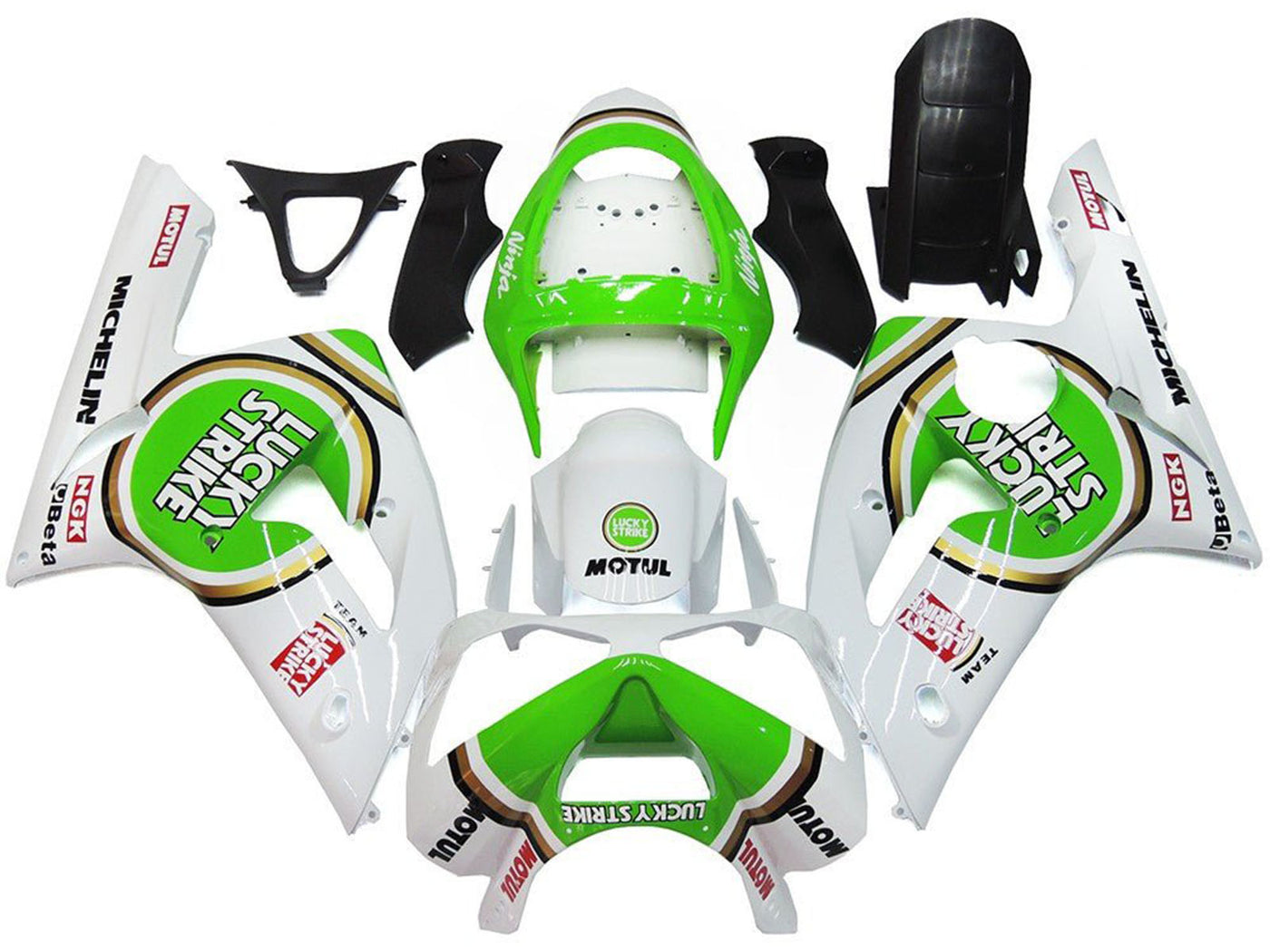 2003-2004 White Green Lucky Strike Kawasaki ZX6R 636 Fairing Kit