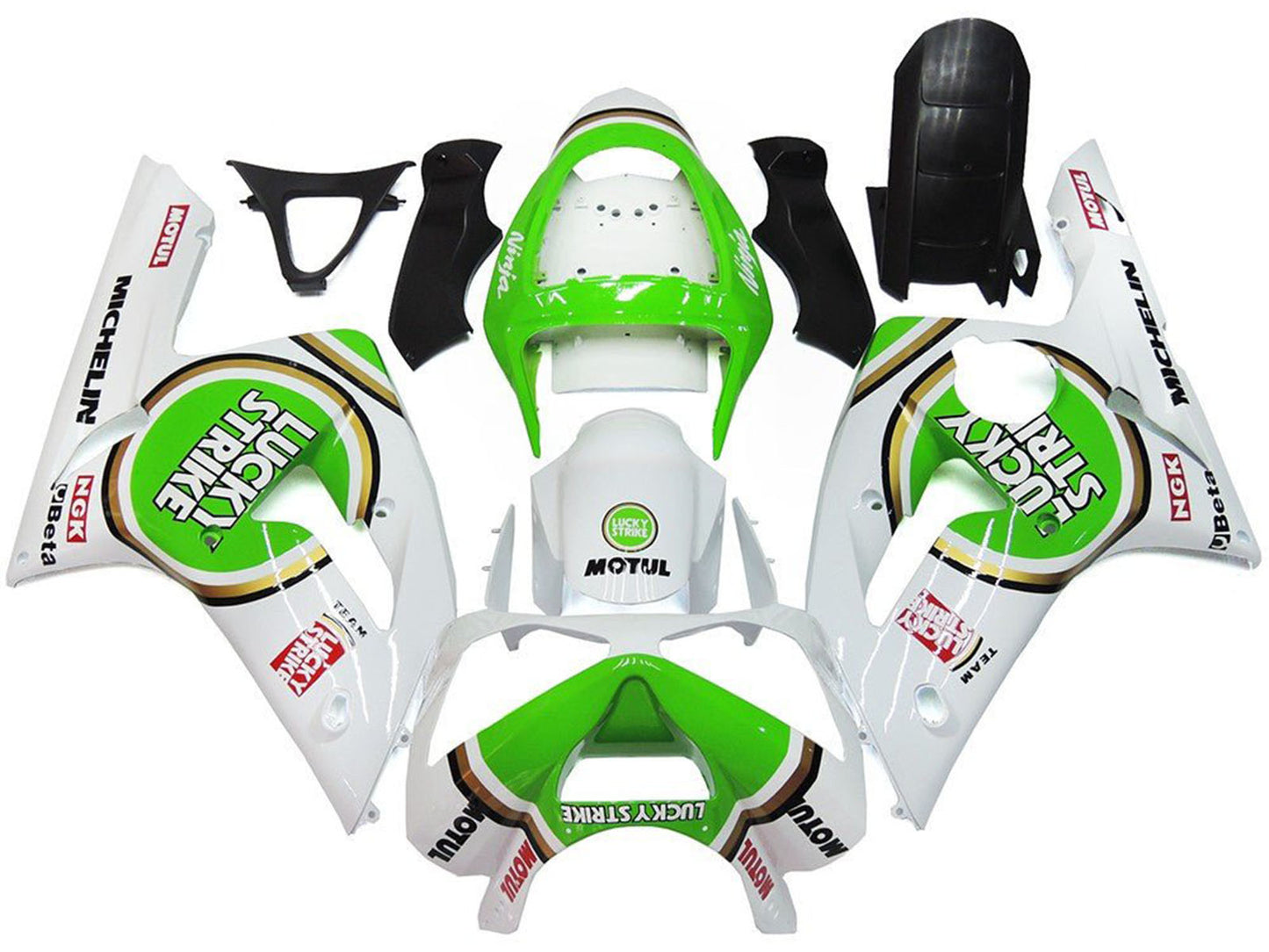 2003-2004 White Green Lucky Strike Kawasaki ZX6R 636 Fairing Kit