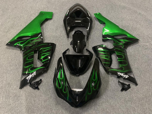 2005-2006 Black Green Flame Kawasaki ZX6R 636 Fairing Kit