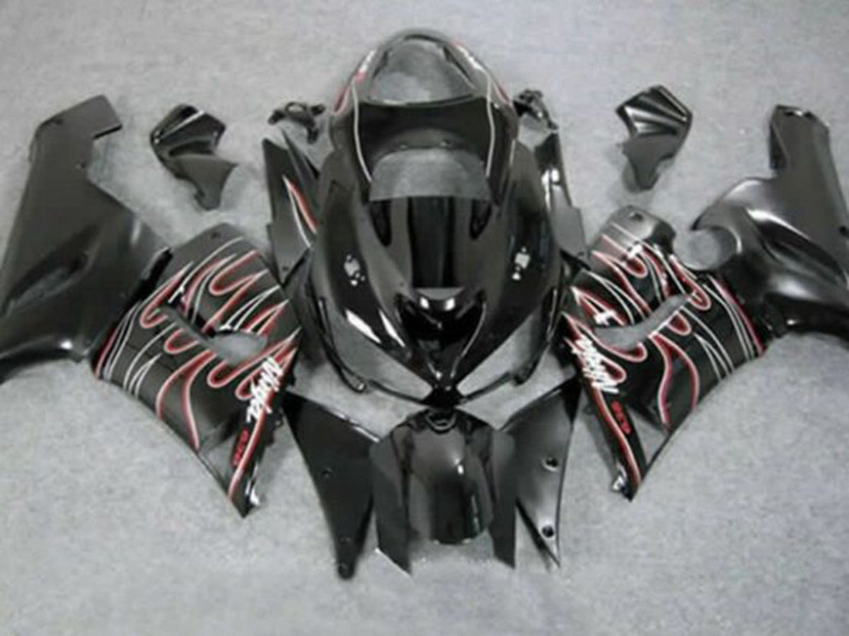 2005-2006 Black Red White Flame Kawasaki ZX6R 636 Fairing Kit