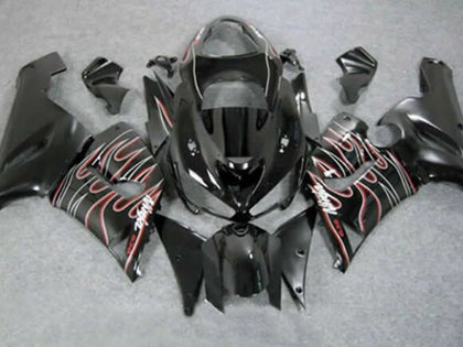 2005-2006 Kawasaki ZX-6R Black Red White Flame Fairing Kit