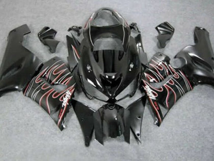 2005-2006 Kawasaki ZX-6R Black Red White Flame Fairing Kit