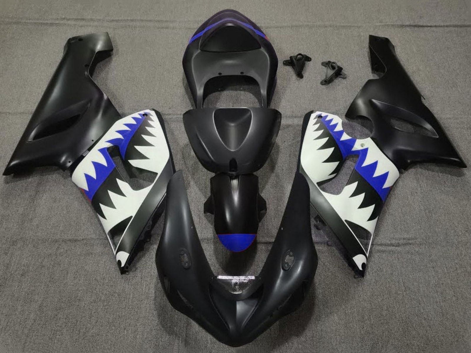 2005-2006 Matte Black White Blue Shark Kawasaki ZX6R 636 Fairing Kit