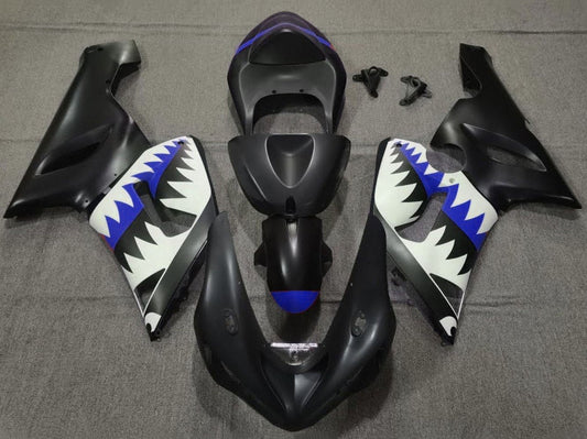 2005-2006 Matte Black White Blue Shark Kawasaki ZX6R 636 Fairing Kit