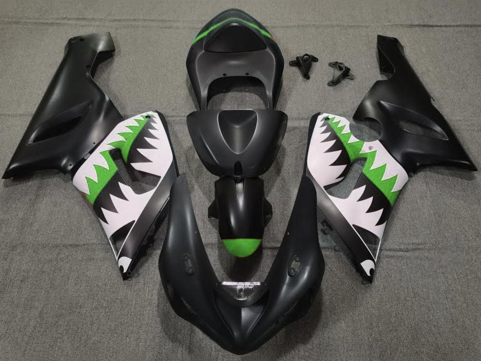 2005-2006 Matte Black White Green Shark Kawasaki ZX6R 636 Fairing Kit
