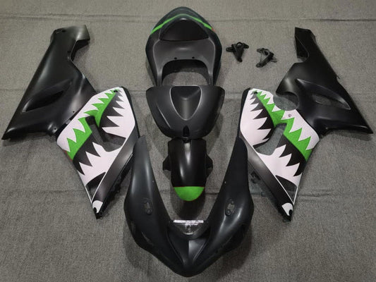 2005-2006 Matte Black White Green Shark Kawasaki ZX6R 636 Fairing Kit