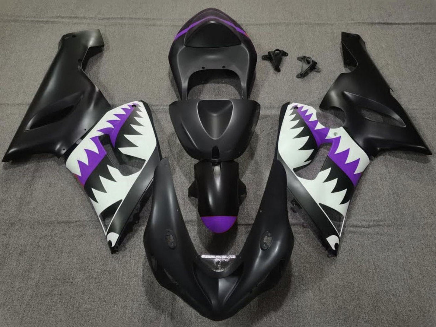 2005-2006 Matte Black White Purple Shark Kawasaki ZX6R 636 Fairing Kit