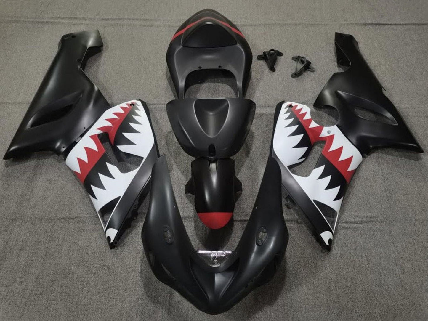 2005-2006 Matte Black White Red Shark Kawasaki ZX6R 636 Fairing Kit