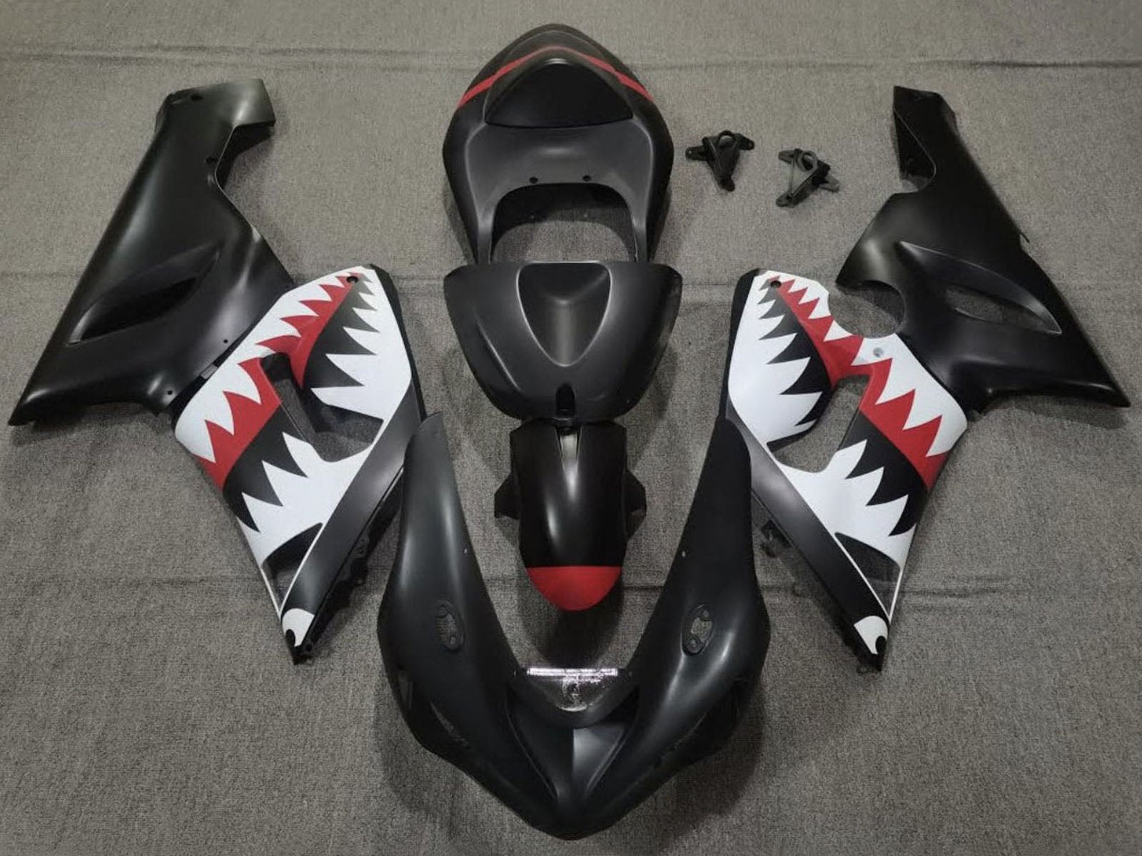 2005-2006 Matte Black White Red Shark Kawasaki ZX6R 636 Fairing Kit