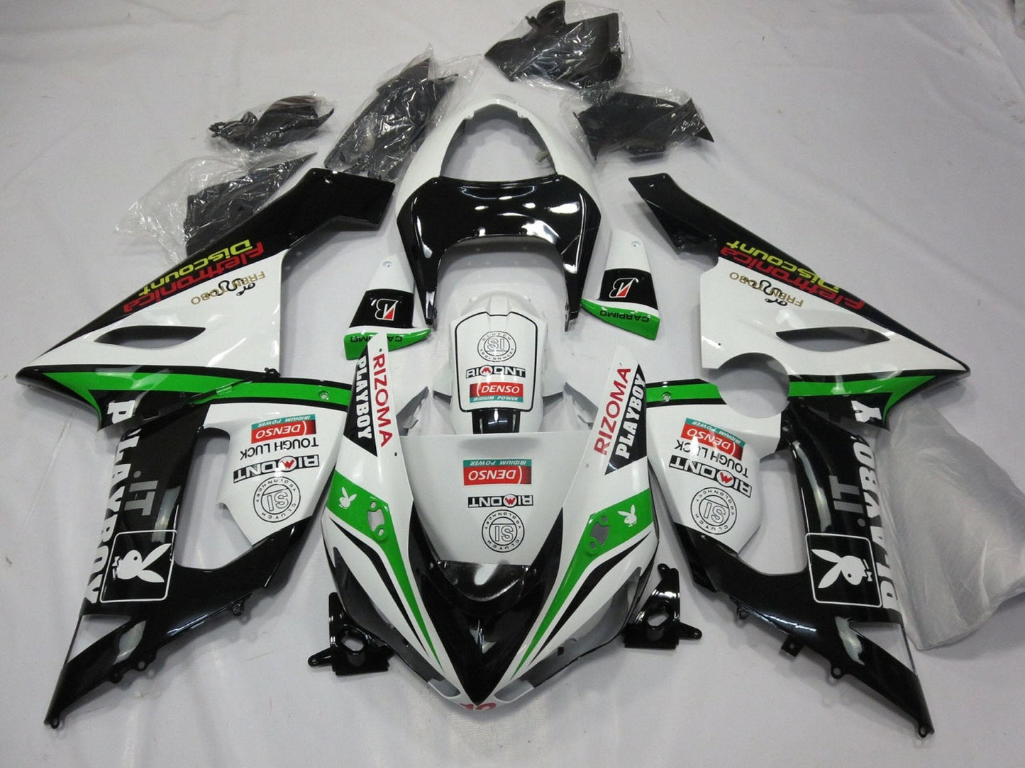 2005-2006 White Black Green Playboy Kawasaki ZX6R 636 Fairing Kit