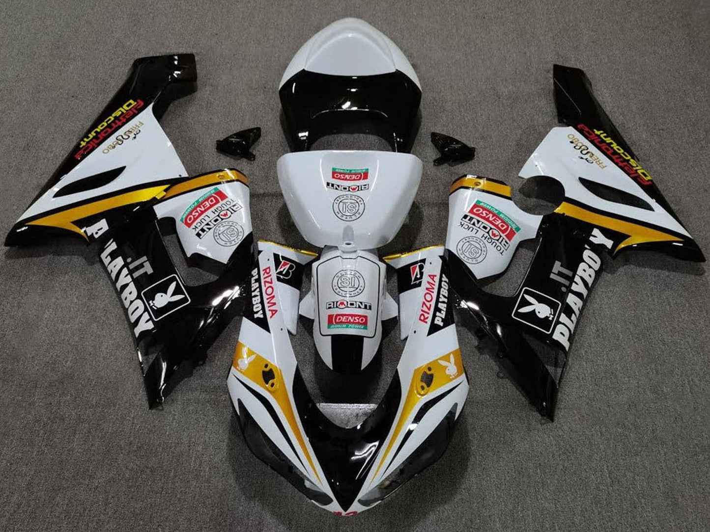 2005-2006 White Black Gold Playboy Kawasaki ZX6R 636 Fairing Kit
