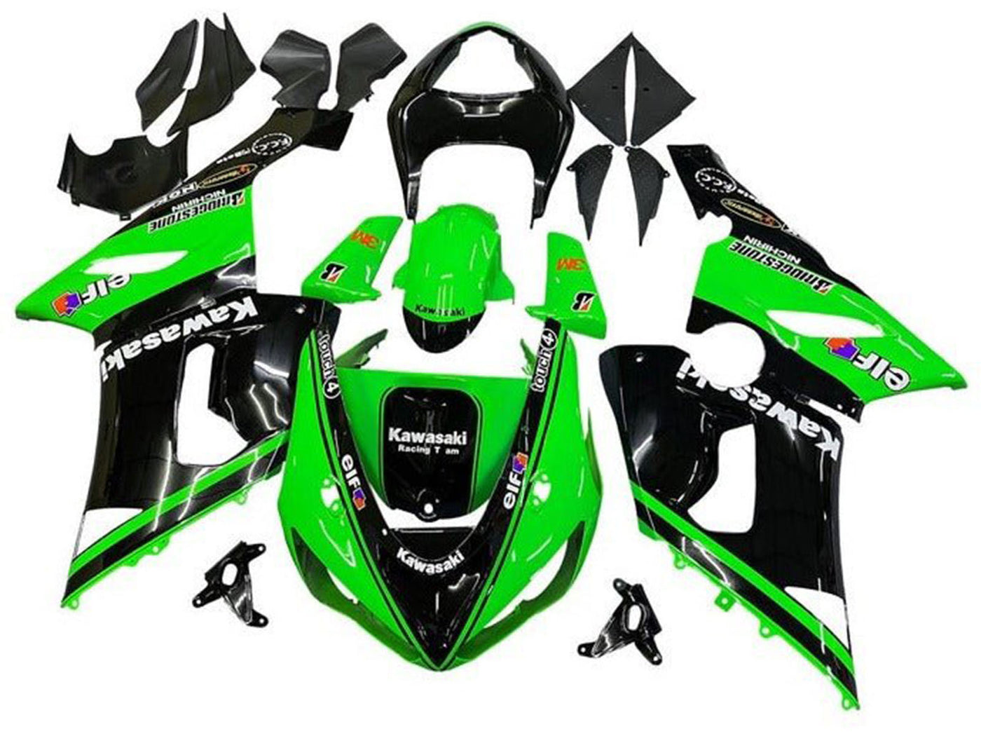 2005-2006 Black Green White Elf Kawasaki ZX6R 636 Fairing Kit