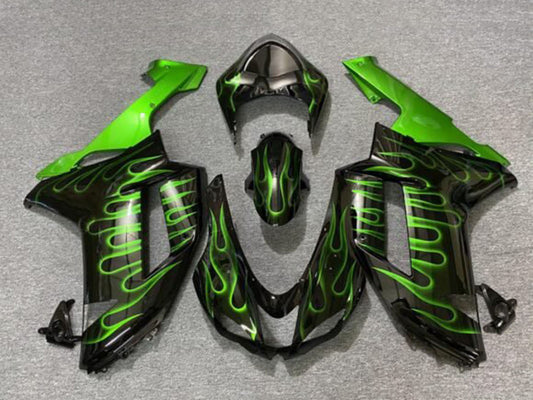 2007-2008 Black Green Flame Kawasaki ZX6R 636 Fairing Kit