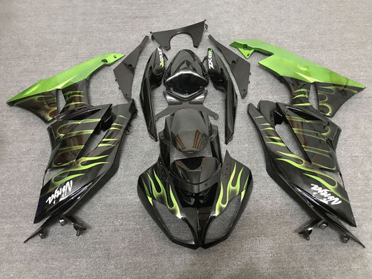 2007-2008 Black Light Green Flame Kawasaki ZX6R 636 Fairing Kit