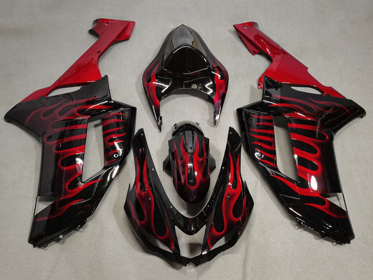 2007-2008 Black Red Flame Kawasaki ZX6R 636 Fairing Kit