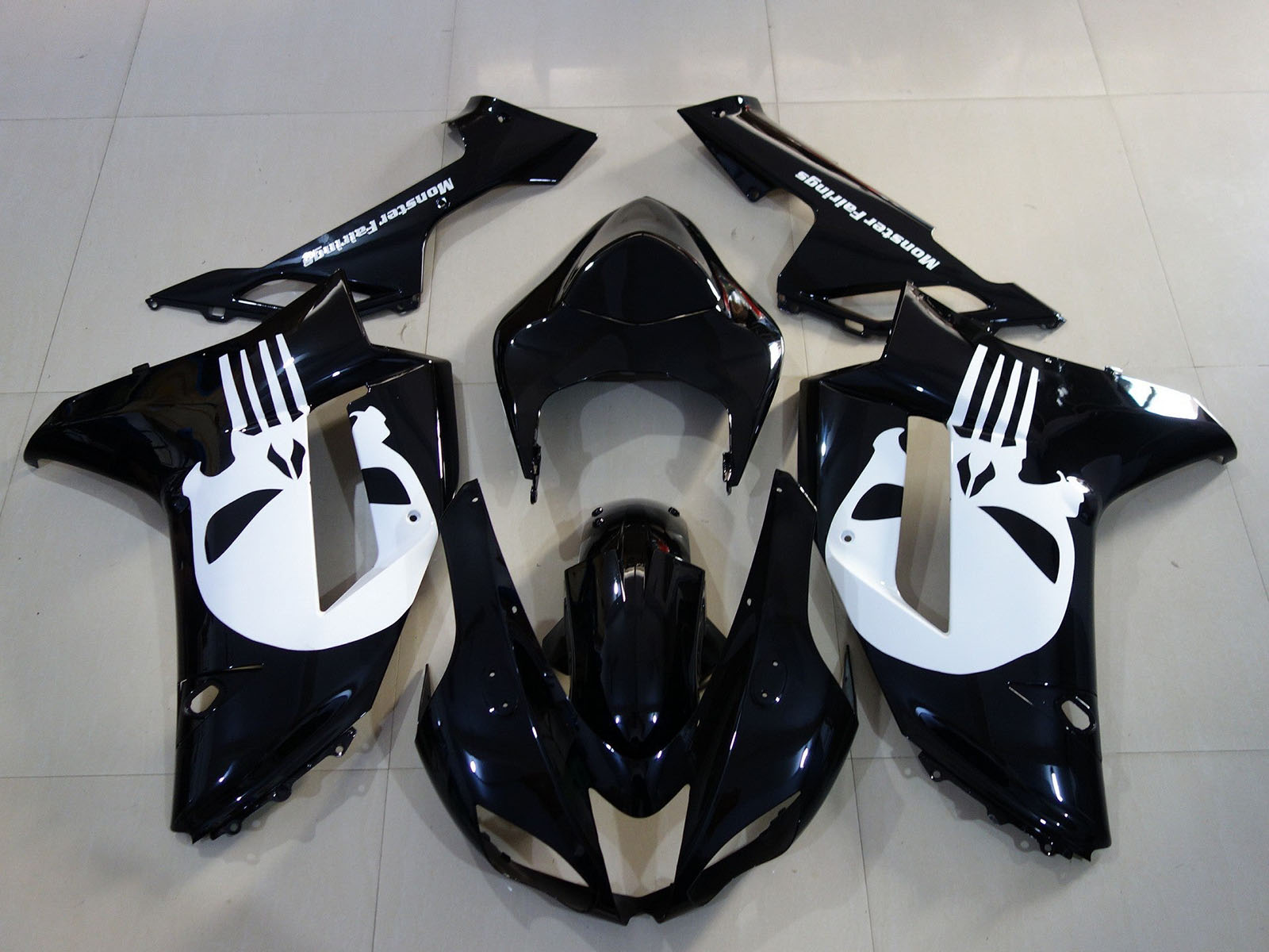 2007-2008 Black White Skull Kawasaki ZX6R 636 Fairing Kit