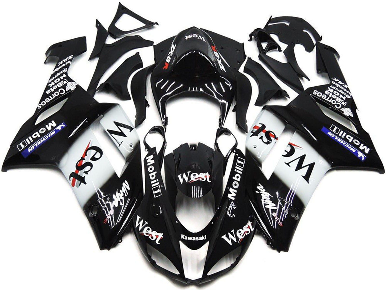 2007-2008 Black White West Mobil Kawasaki ZX6R 636 Fairing Kit