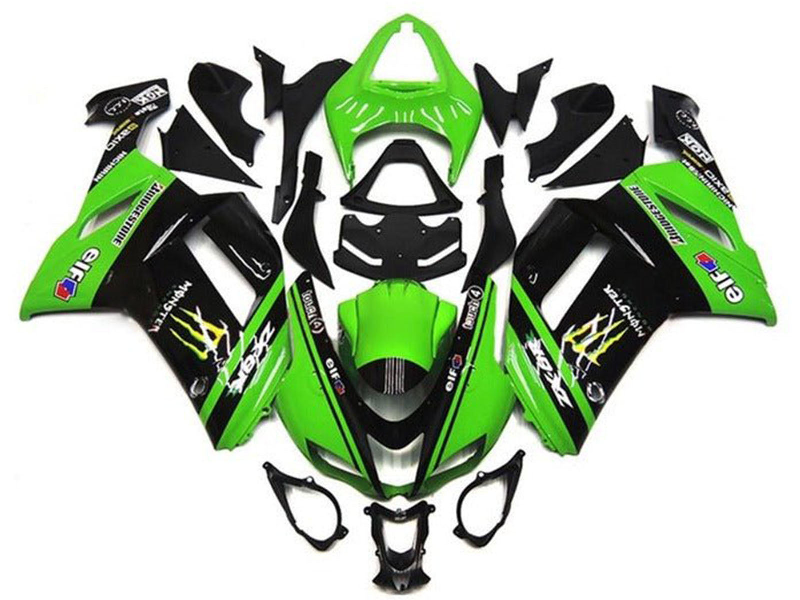 2007-2008 Green Black Monster Elf Kawasaki ZX6R 636 Fairing Kit