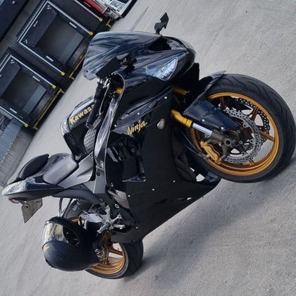 2005-2006 Kawasaki ZX-6R Glossy Black Gold Decals Fairing Kit